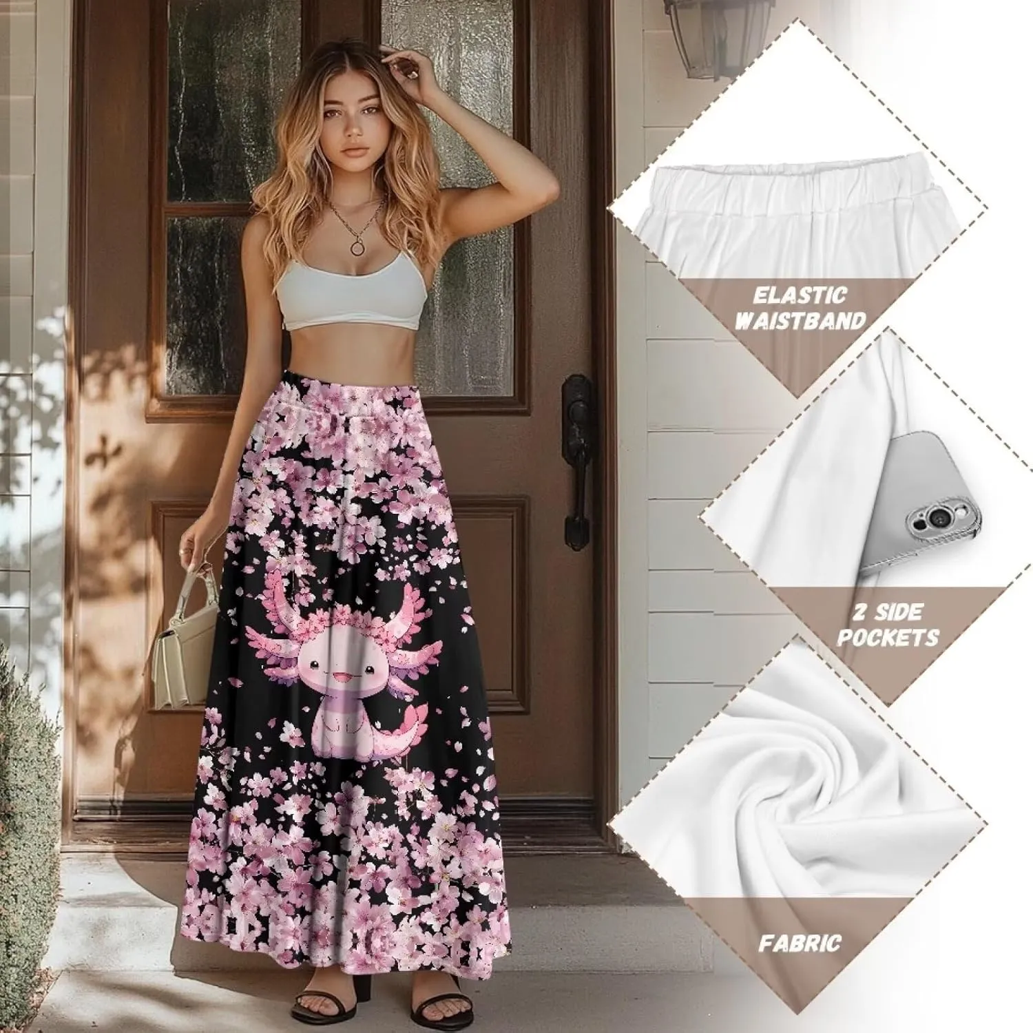Women Long Maxi Skirt Casual High Waiste Dress Home Travelling Party Skirt with Double Pockets