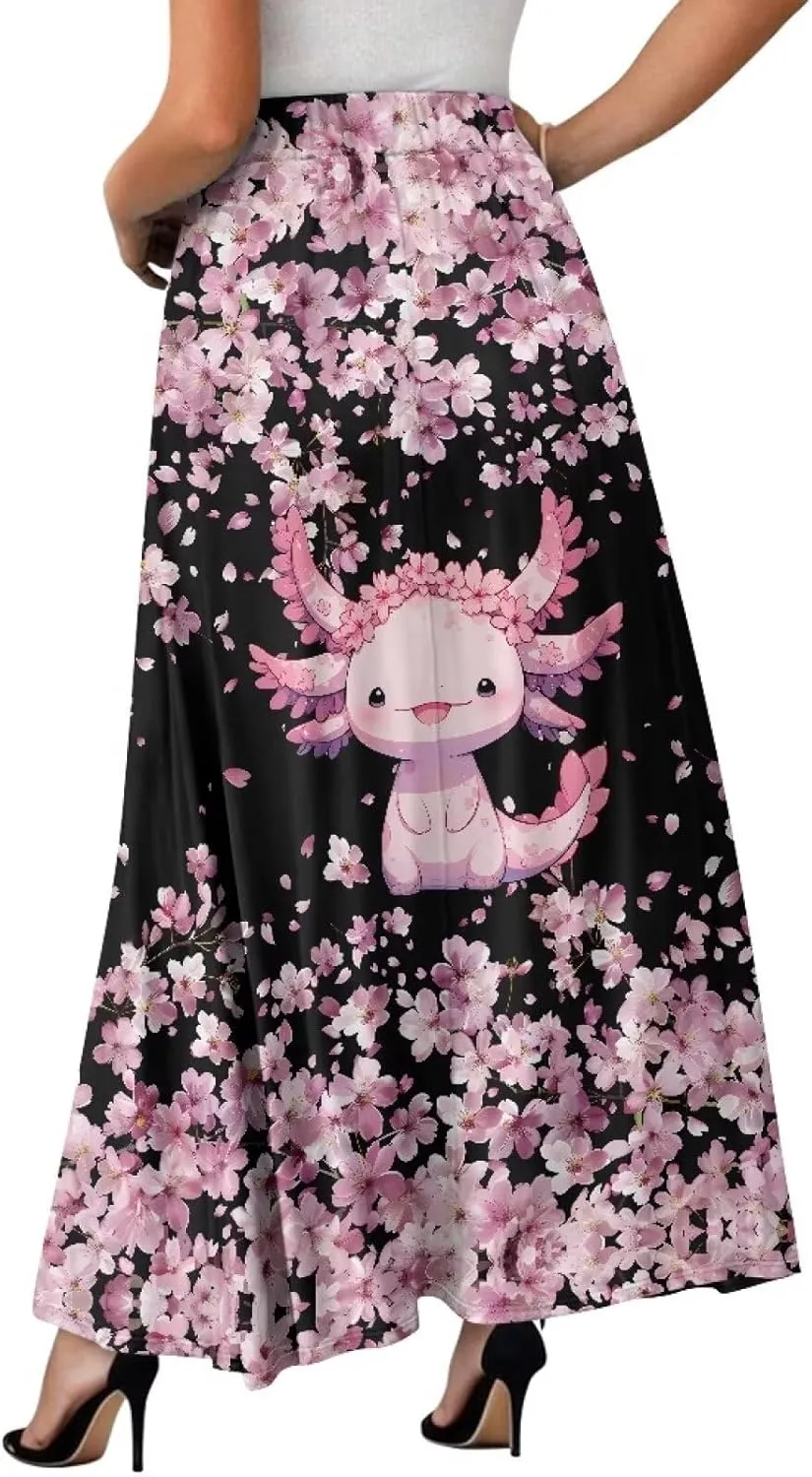 Women Long Maxi Skirt Casual High Waiste Dress Home Travelling Party Skirt with Double Pockets