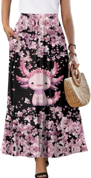 Women Long Maxi Skirt Casual High Waiste Dress Home Travelling Party Skirt with Double Pockets