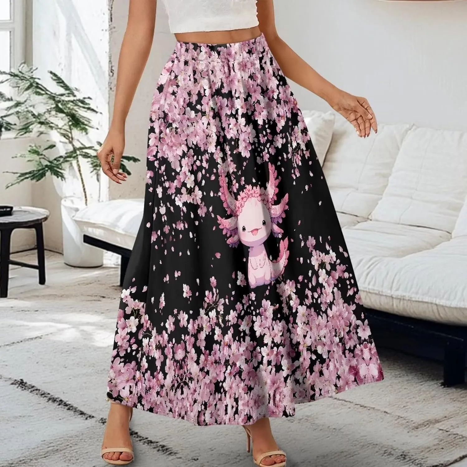 Women Long Maxi Skirt Casual High Waiste Dress Home Travelling Party Skirt with Double Pockets
