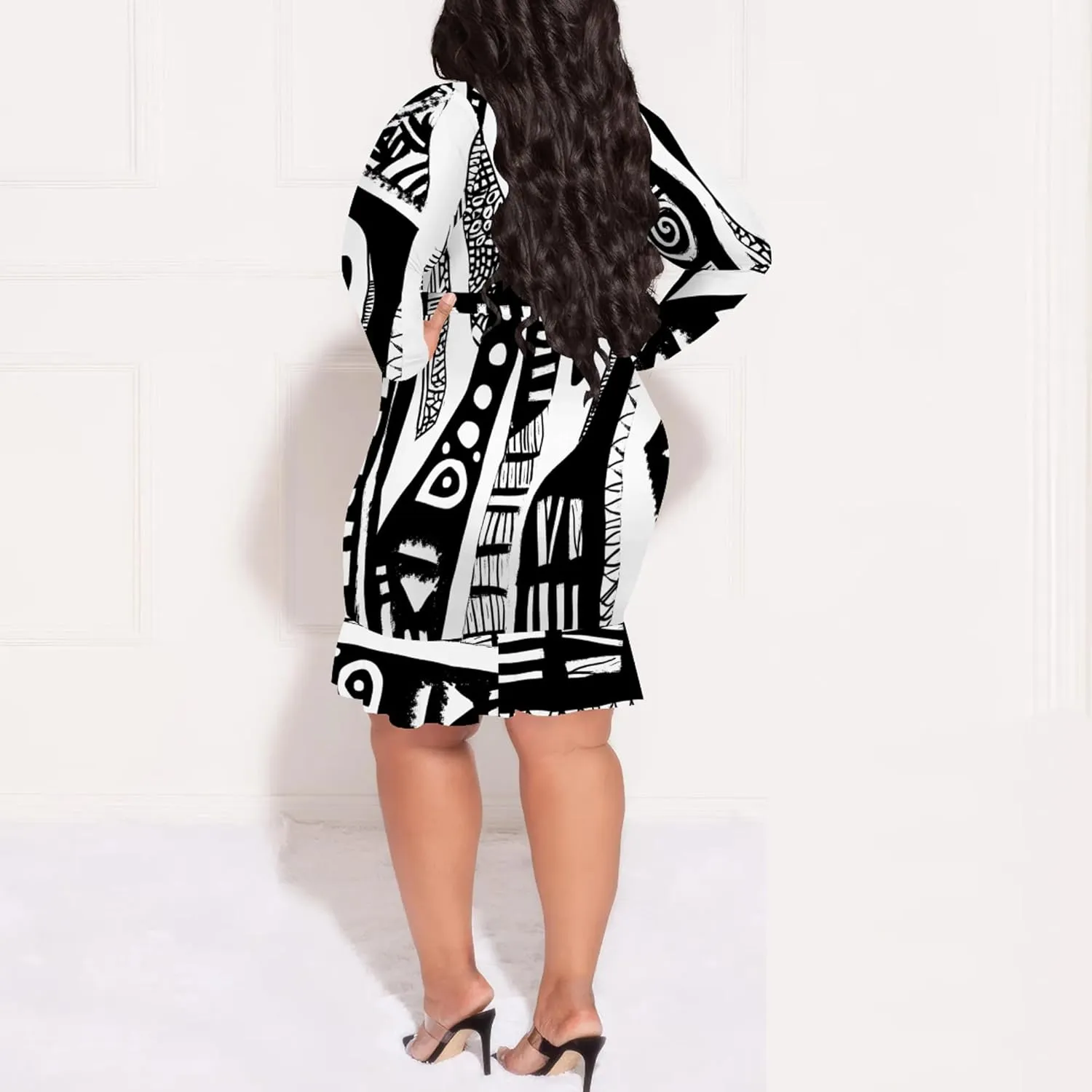 Women Midi Dress Long Sleeves Floral Printed Cocktail Party Club T Shirt Sundress Curvy Wrap Sexy Dresses High Waiste