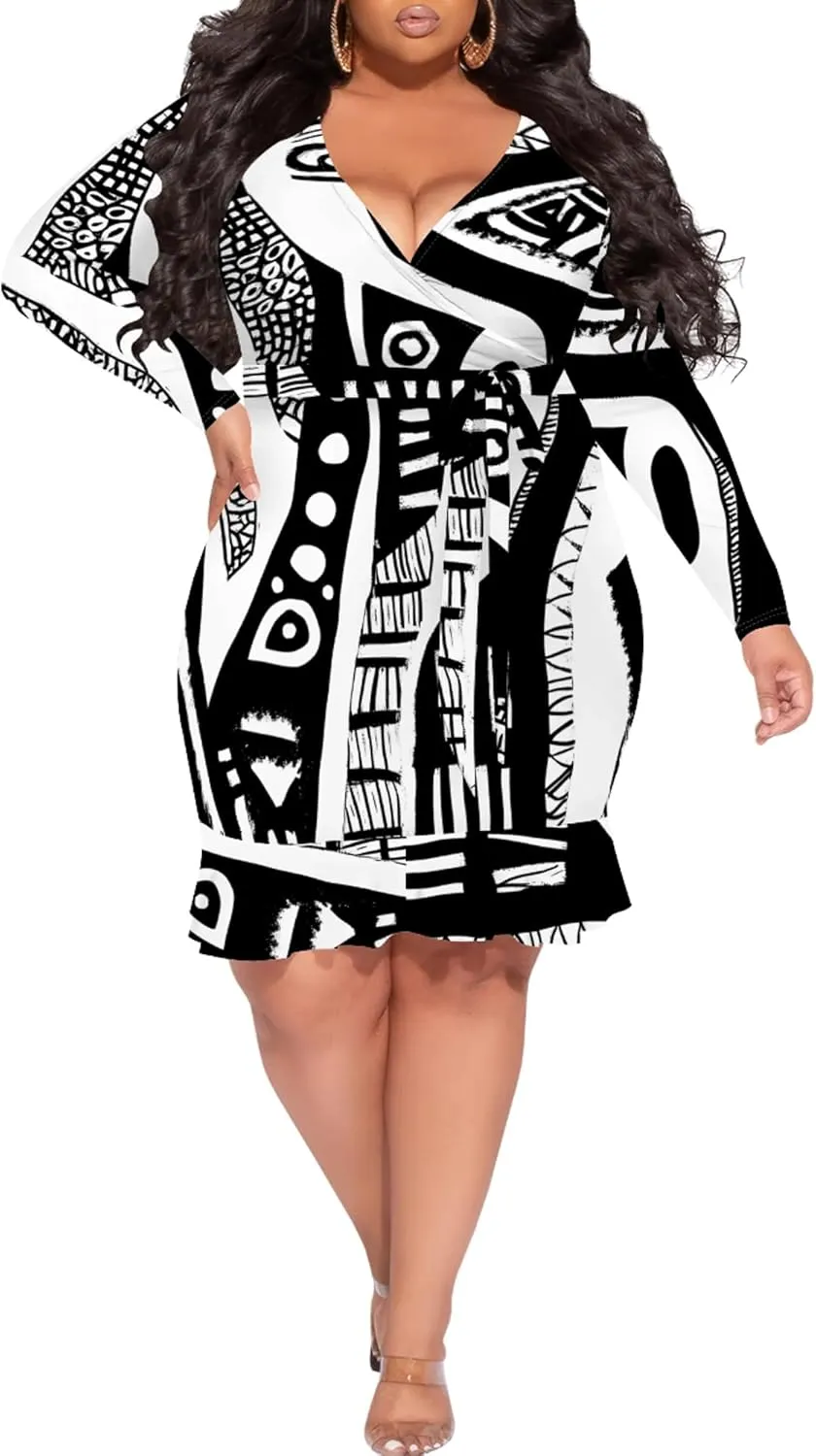 Women Midi Dress Long Sleeves Floral Printed Cocktail Party Club T Shirt Sundress Curvy Wrap Sexy Dresses High Waiste