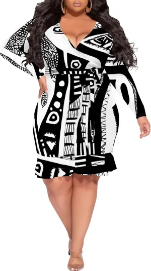 Women Midi Dress Long Sleeves Floral Printed Cocktail Party Club T Shirt Sundress Curvy Wrap Sexy Dresses High Waiste