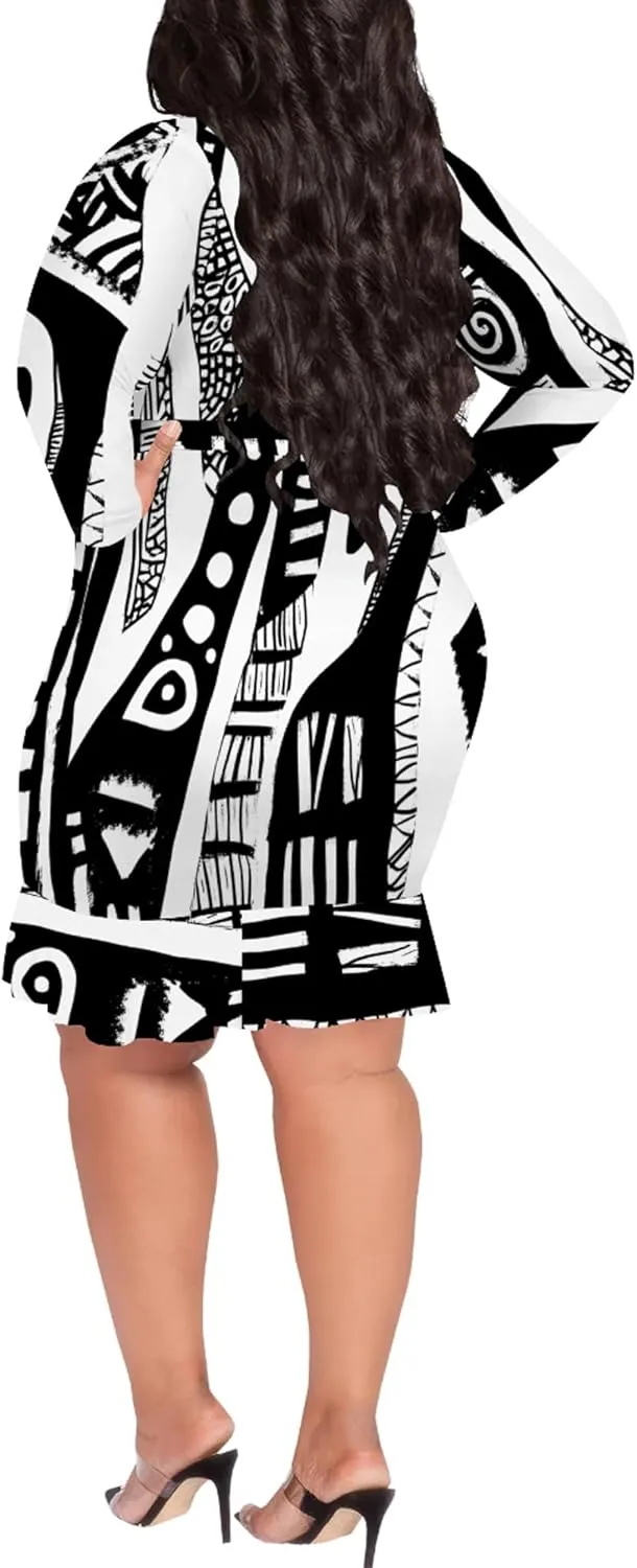 Women Midi Dress Long Sleeves Floral Printed Cocktail Party Club T Shirt Sundress Curvy Wrap Sexy Dresses High Waiste