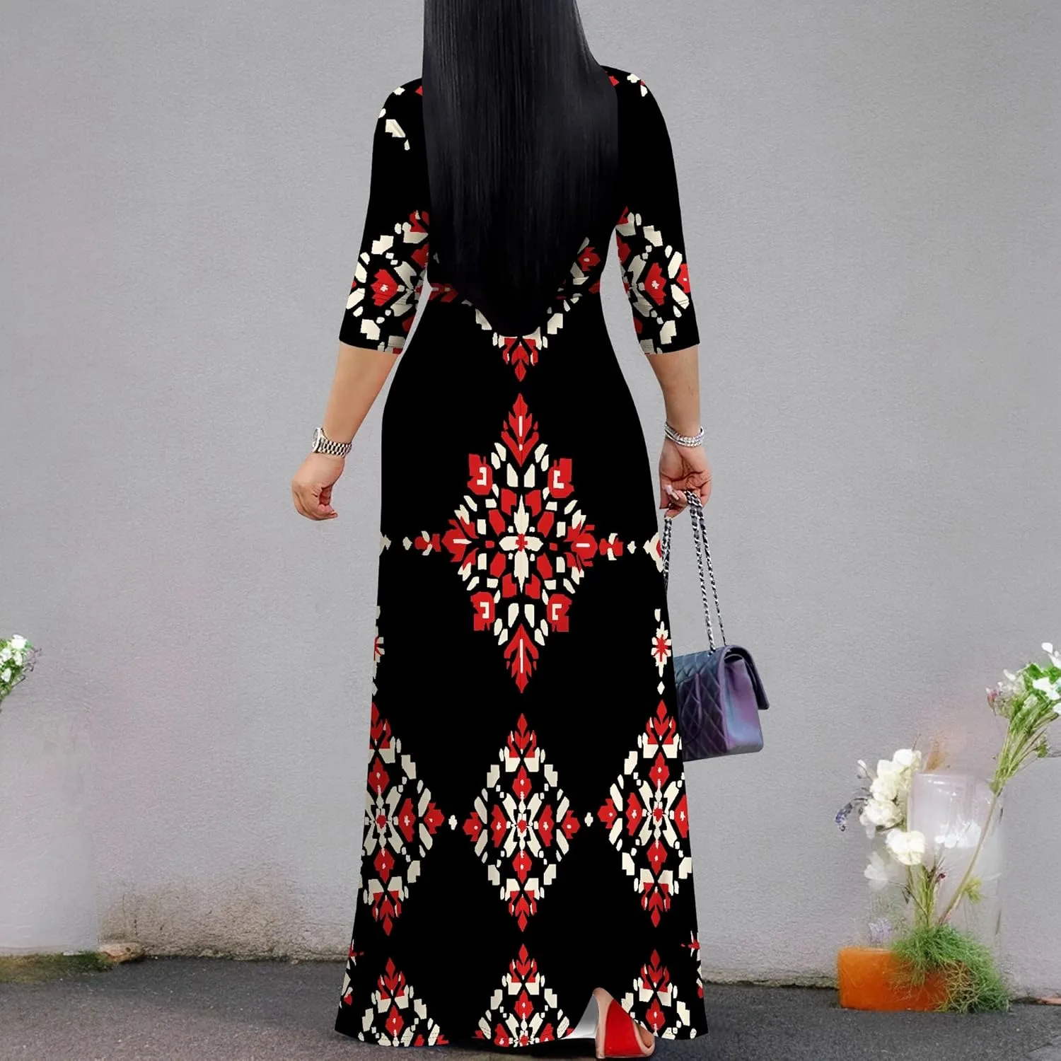 Women Plus Size Maxi Dress Sexy V Neck 3/4 Sleeves Floral Print A Line Long Dresses Printed Swing Sundress with Belt