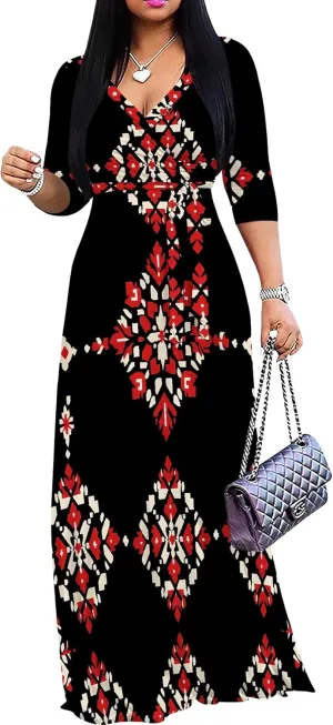 Women Plus Size Maxi Dress Sexy V Neck 3/4 Sleeves Floral Print A Line Long Dresses Printed Swing Sundress with Belt