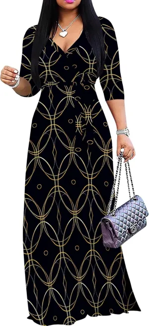 Women Plus Size Maxi Dress Sexy V Neck 3/4 Sleeves Floral Print A Line Long Dresses Printed Swing Sundress with Belt