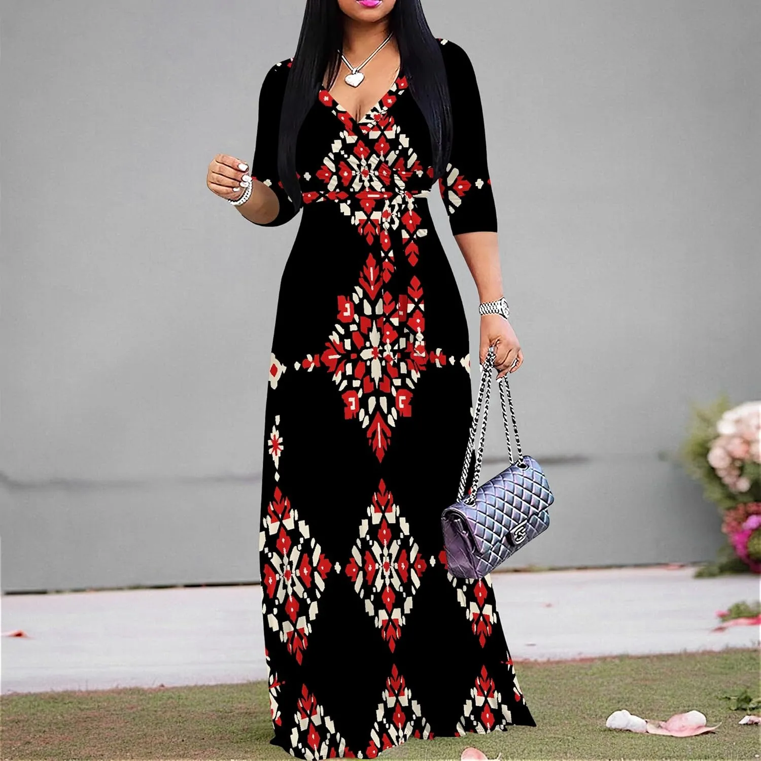 Women Plus Size Maxi Dress Sexy V Neck 3/4 Sleeves Floral Print A Line Long Dresses Printed Swing Sundress with Belt