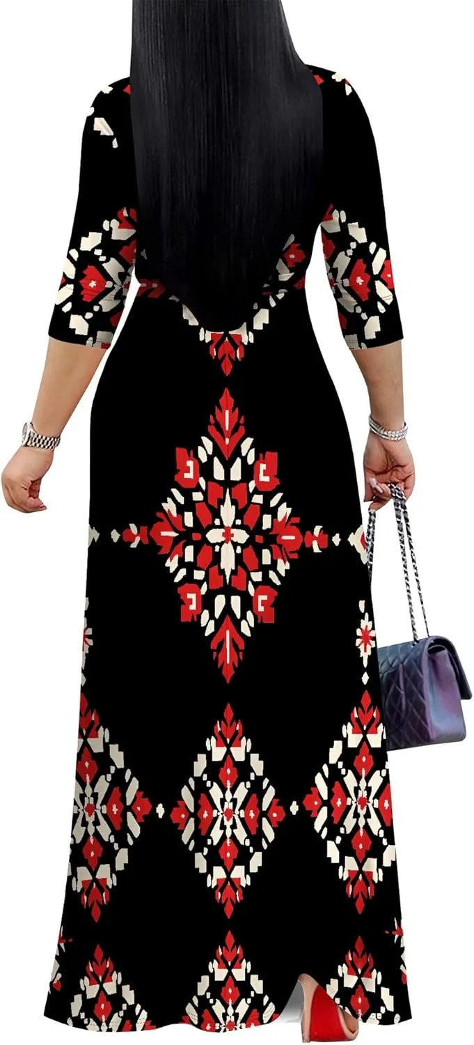 Women Plus Size Maxi Dress Sexy V Neck 3/4 Sleeves Floral Print A Line Long Dresses Printed Swing Sundress with Belt