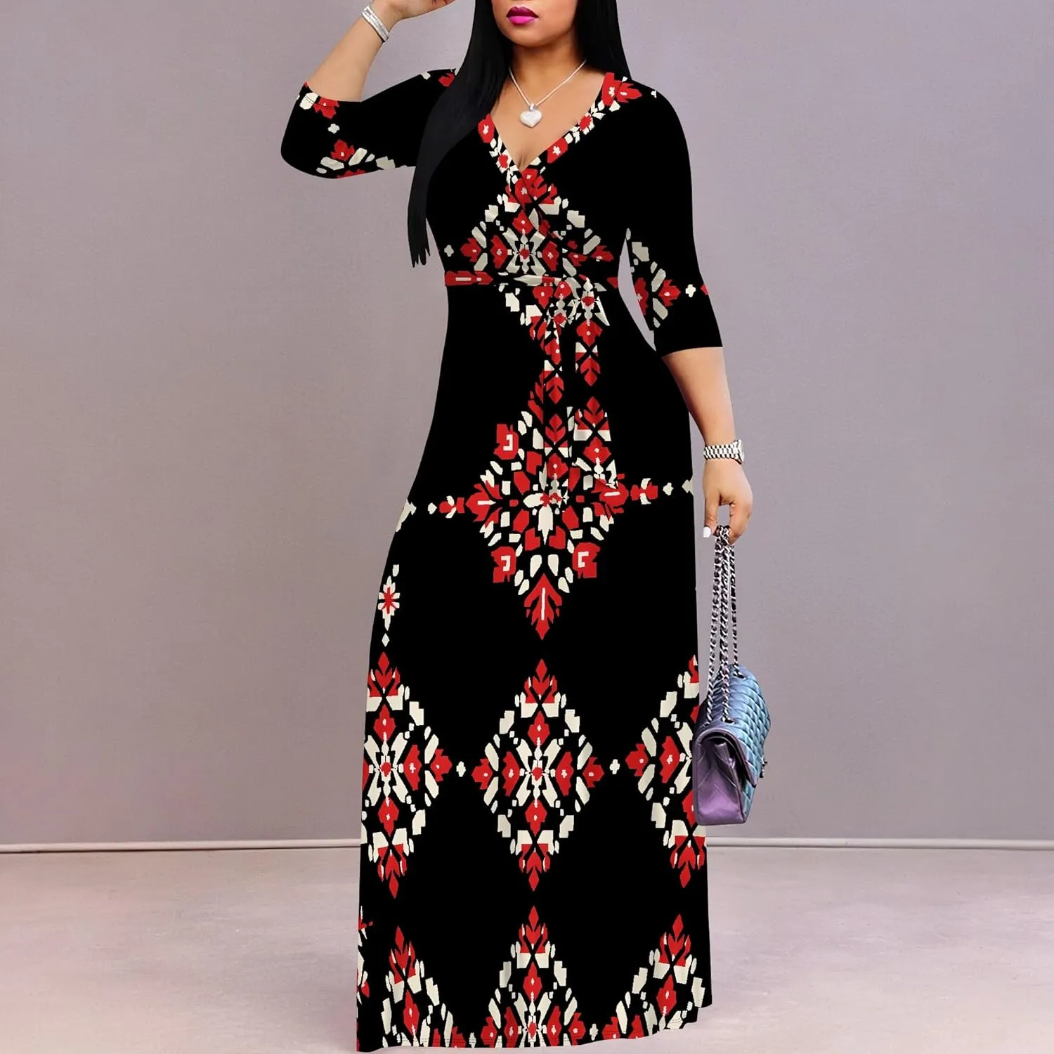 Women Plus Size Maxi Dress Sexy V Neck 3/4 Sleeves Floral Print A Line Long Dresses Printed Swing Sundress with Belt
