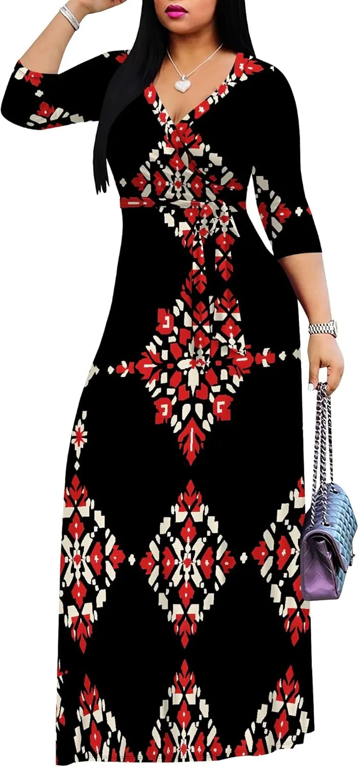 Women Plus Size Maxi Dress Sexy V Neck 3/4 Sleeves Floral Print A Line Long Dresses Printed Swing Sundress with Belt