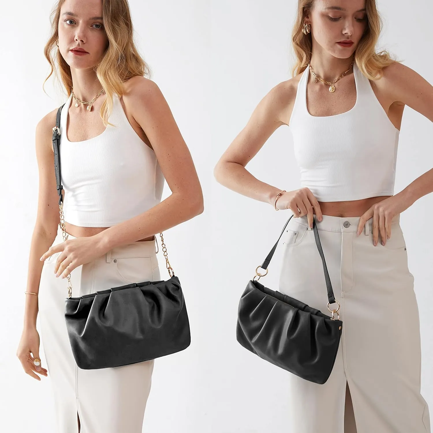 Women Ruched Shoulder Handbag Cloud Pouch Hobo Bag Convertible Clutch Soft Vegan Leather Cross body Bag (Nude)