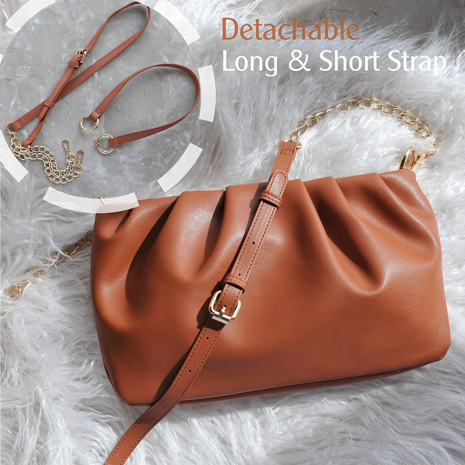 Women Ruched Shoulder Handbag Cloud Pouch Hobo Bag Convertible Clutch Soft Vegan Leather Cross body Bag (Nude)