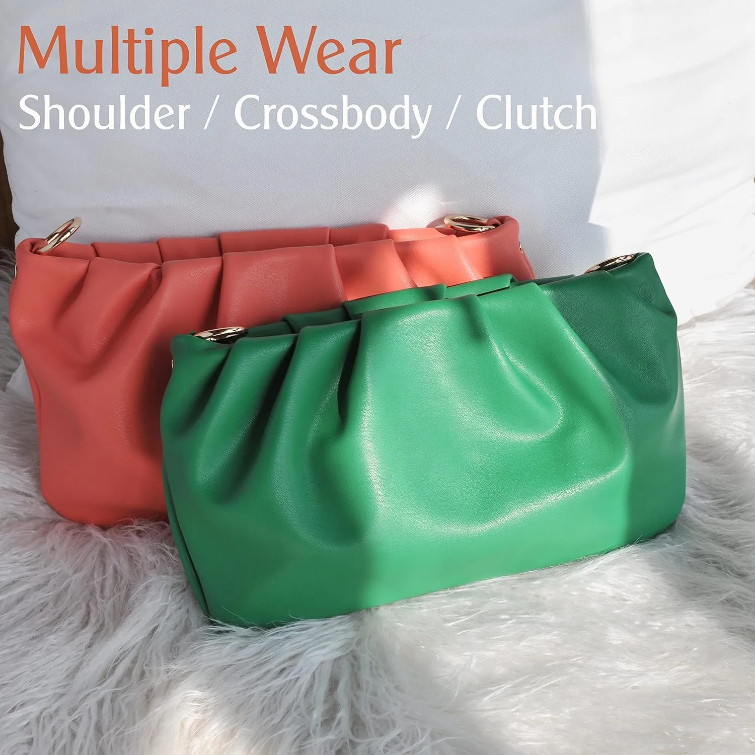Women Ruched Shoulder Handbag Cloud Pouch Hobo Bag Convertible Clutch Soft Vegan Leather Cross body Bag (Nude)