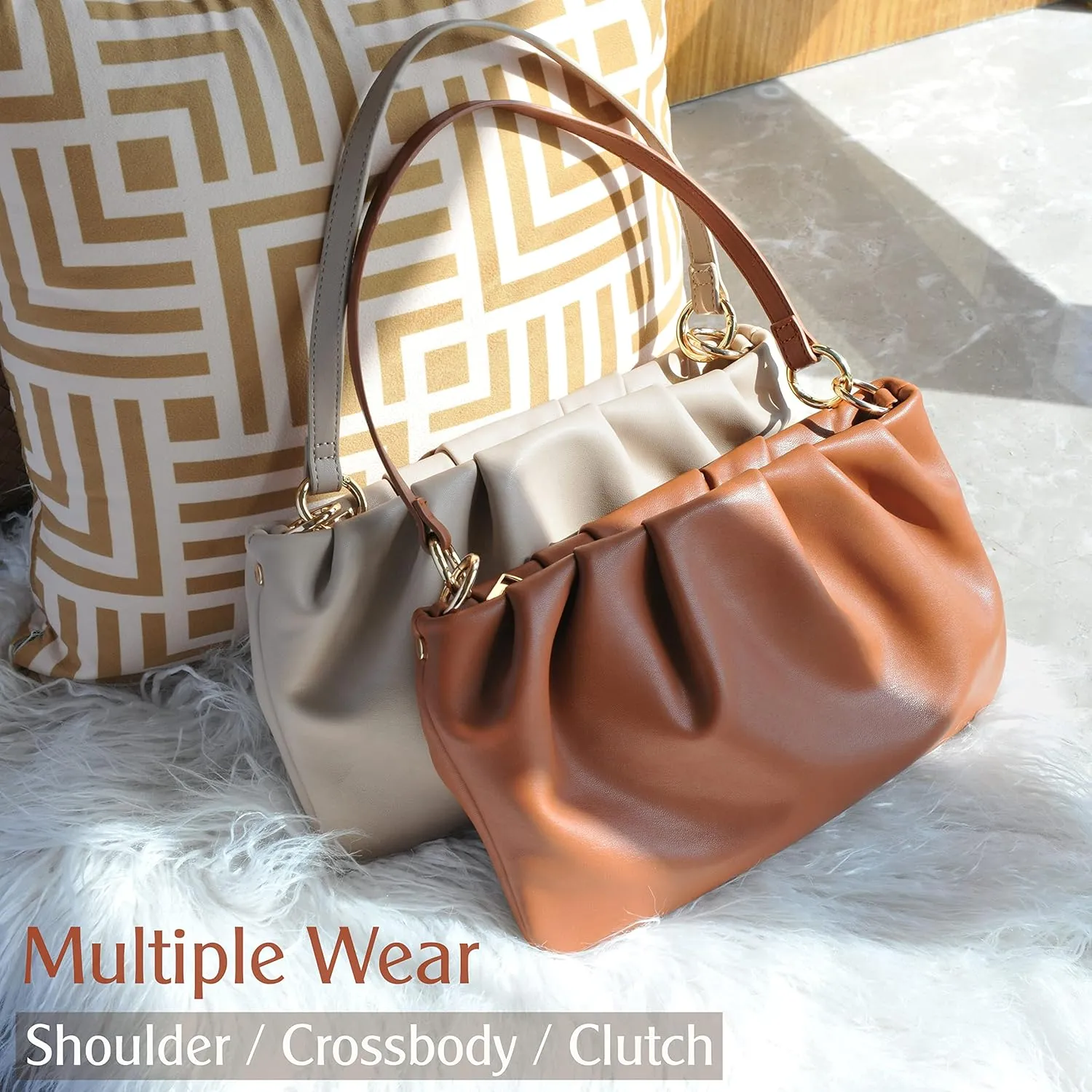 Women Ruched Shoulder Handbag Cloud Pouch Hobo Bag Convertible Clutch Soft Vegan Leather Cross body Bag (Nude)