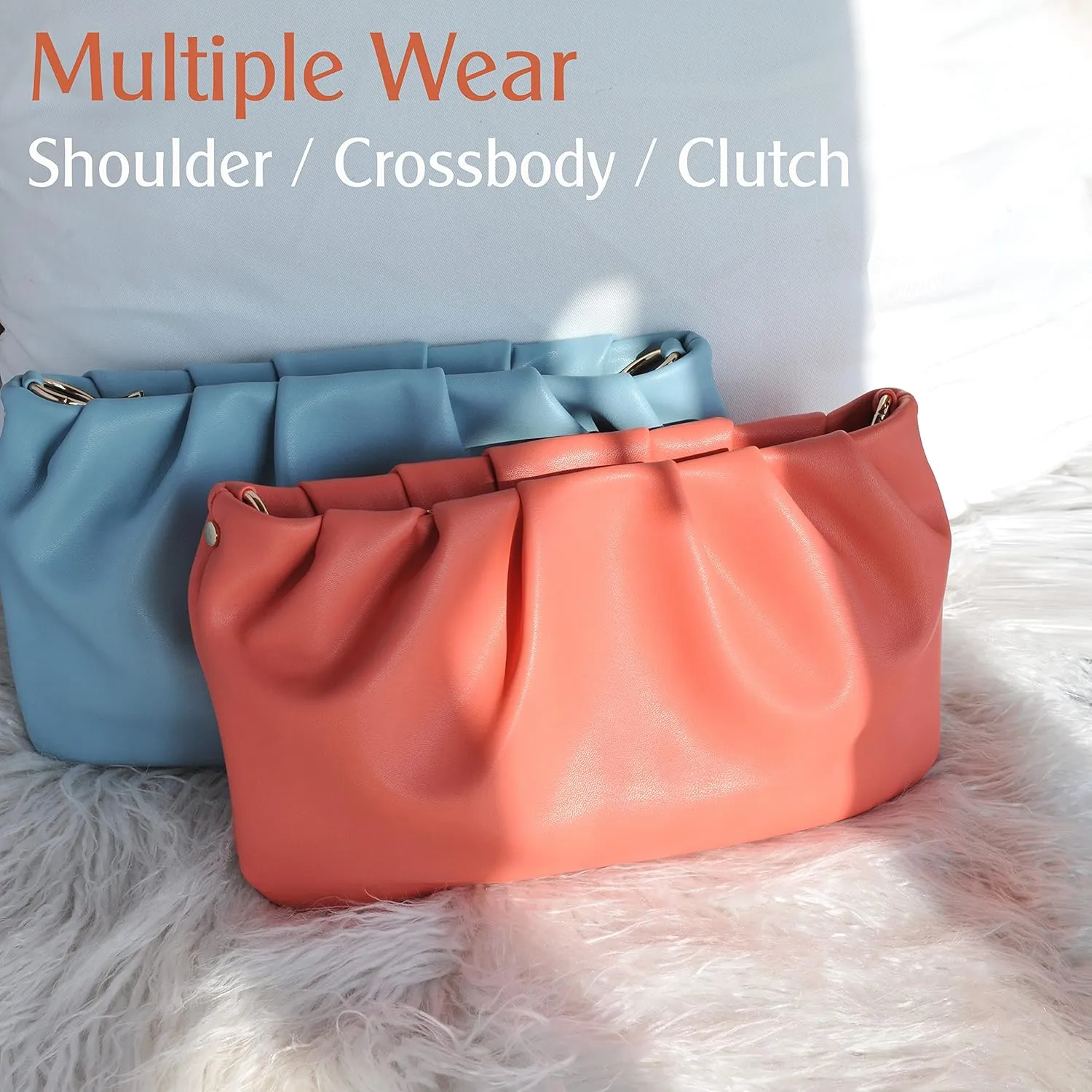Women Ruched Shoulder Handbag Cloud Pouch Hobo Bag Convertible Clutch Soft Vegan Leather Cross body Bag (Nude)