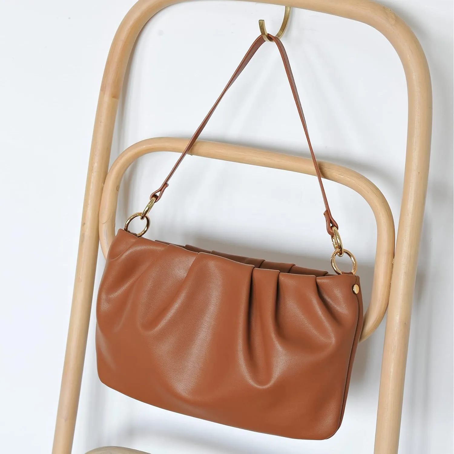 Women Ruched Shoulder Handbag Cloud Pouch Hobo Bag Convertible Clutch Soft Vegan Leather Cross body Bag (Nude)