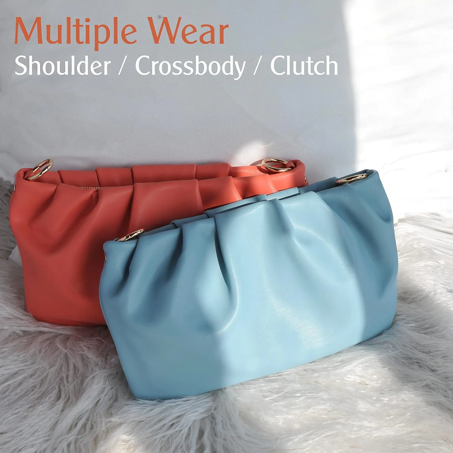 Women Ruched Shoulder Handbag Cloud Pouch Hobo Bag Convertible Clutch Soft Vegan Leather Cross body Bag (Nude)