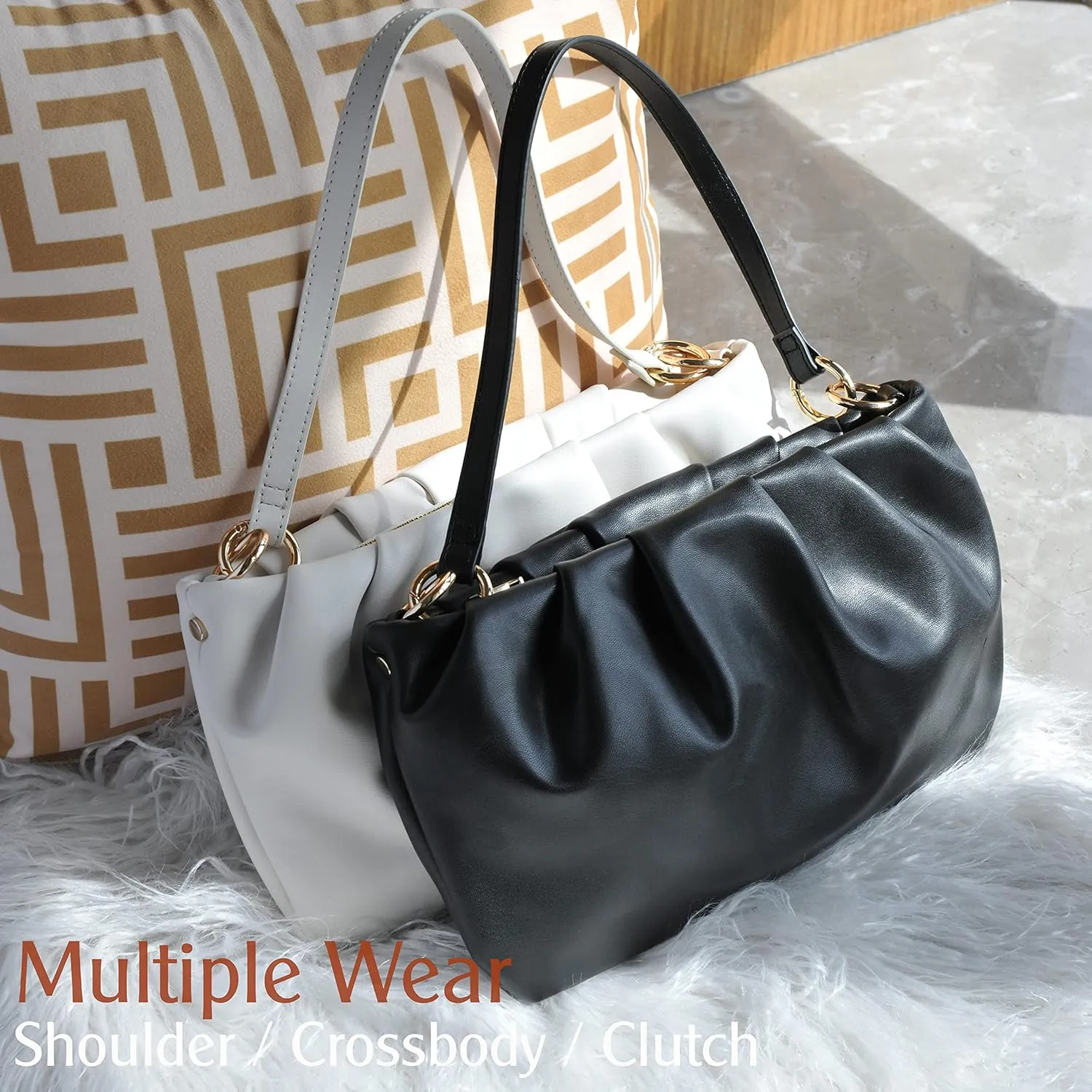 Women Ruched Shoulder Handbag Cloud Pouch Hobo Bag Convertible Clutch Soft Vegan Leather Cross body Bag (Nude)