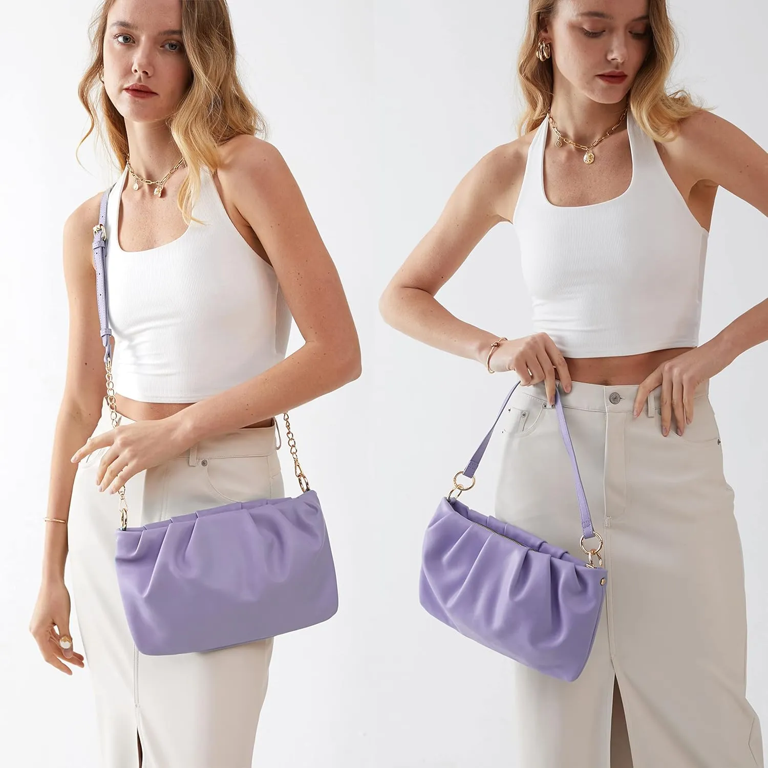 Women Ruched Shoulder Handbag Cloud Pouch Hobo Bag Convertible Clutch Soft Vegan Leather Cross body Bag