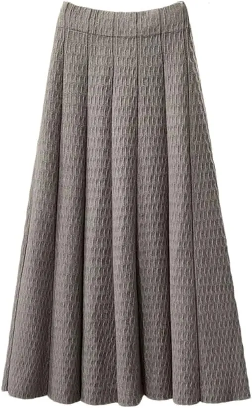 Women Solid Color Mid Length Knitted Half Length Skirt High Waist Slim Knit Pleated Skirt