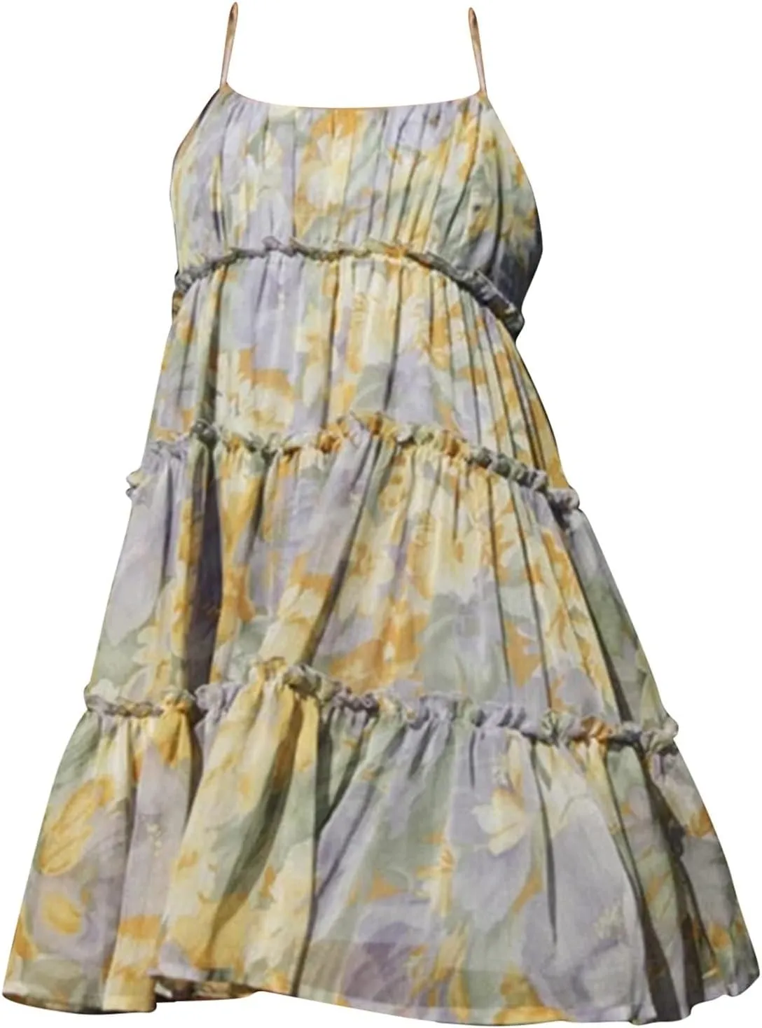 Womens 2024 Summer Floral Mini Dress Boho Flowy Skater Dresses Short Sleeveless Ruffle Spaghetti Women's