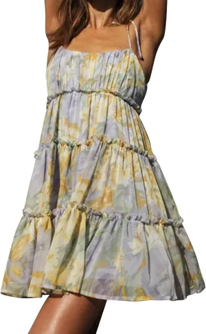 Womens 2024 Summer Floral Mini Dress Boho Flowy Skater Dresses Short Sleeveless Ruffle Spaghetti Women's