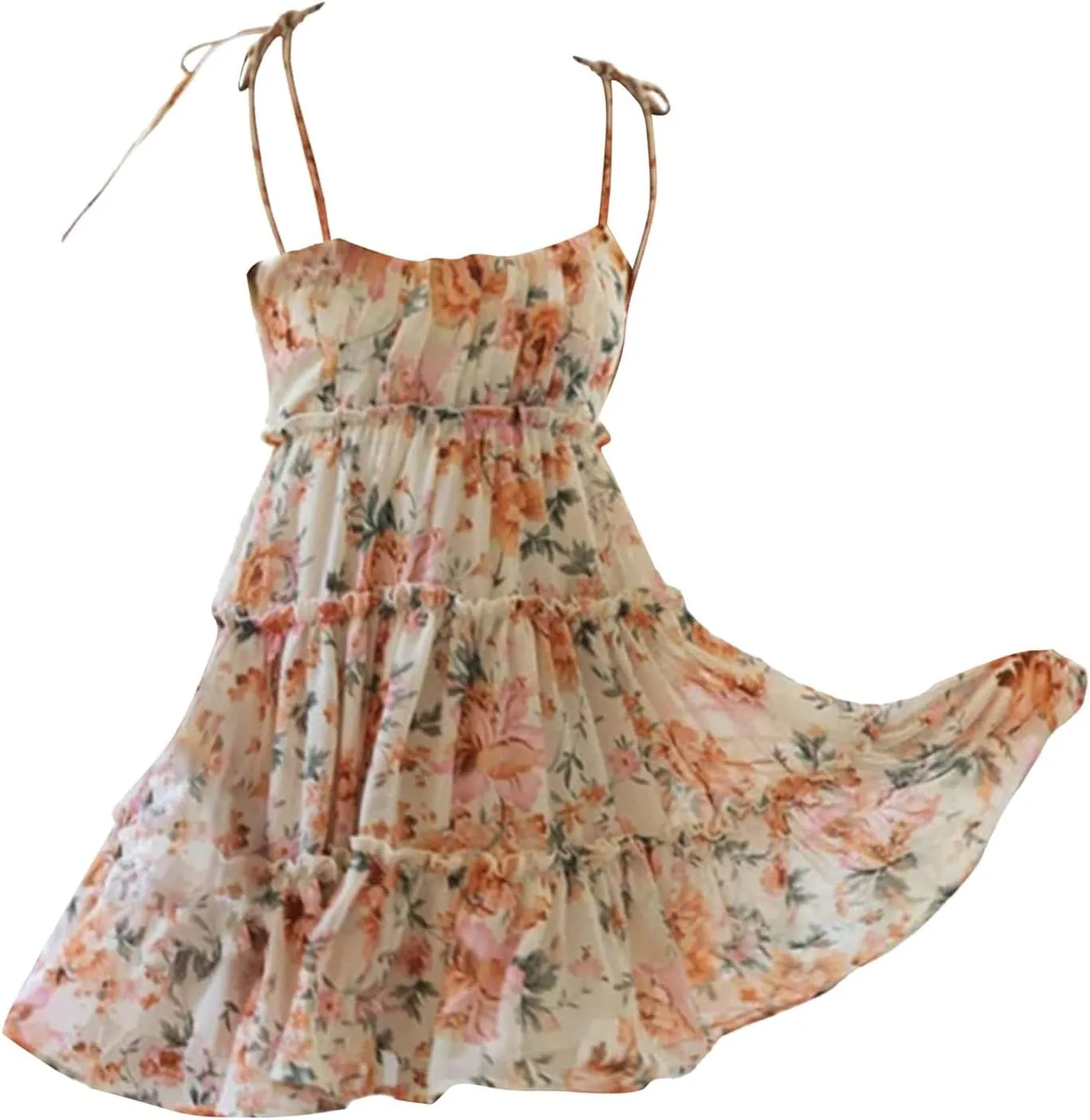 Womens 2024 Summer Floral Mini Dress Boho Flowy Skater Dresses Short Sleeveless Ruffle Spaghetti Women's