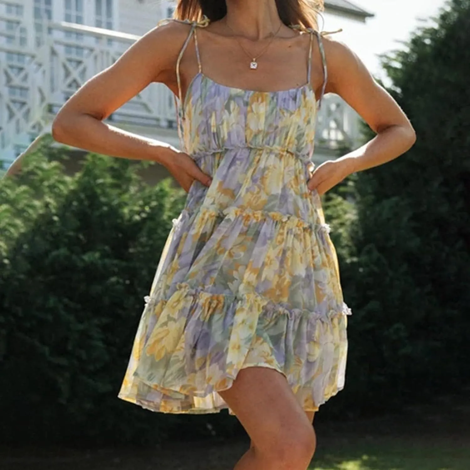 Womens 2024 Summer Floral Mini Dress Boho Flowy Skater Dresses Short Sleeveless Ruffle Spaghetti Women's