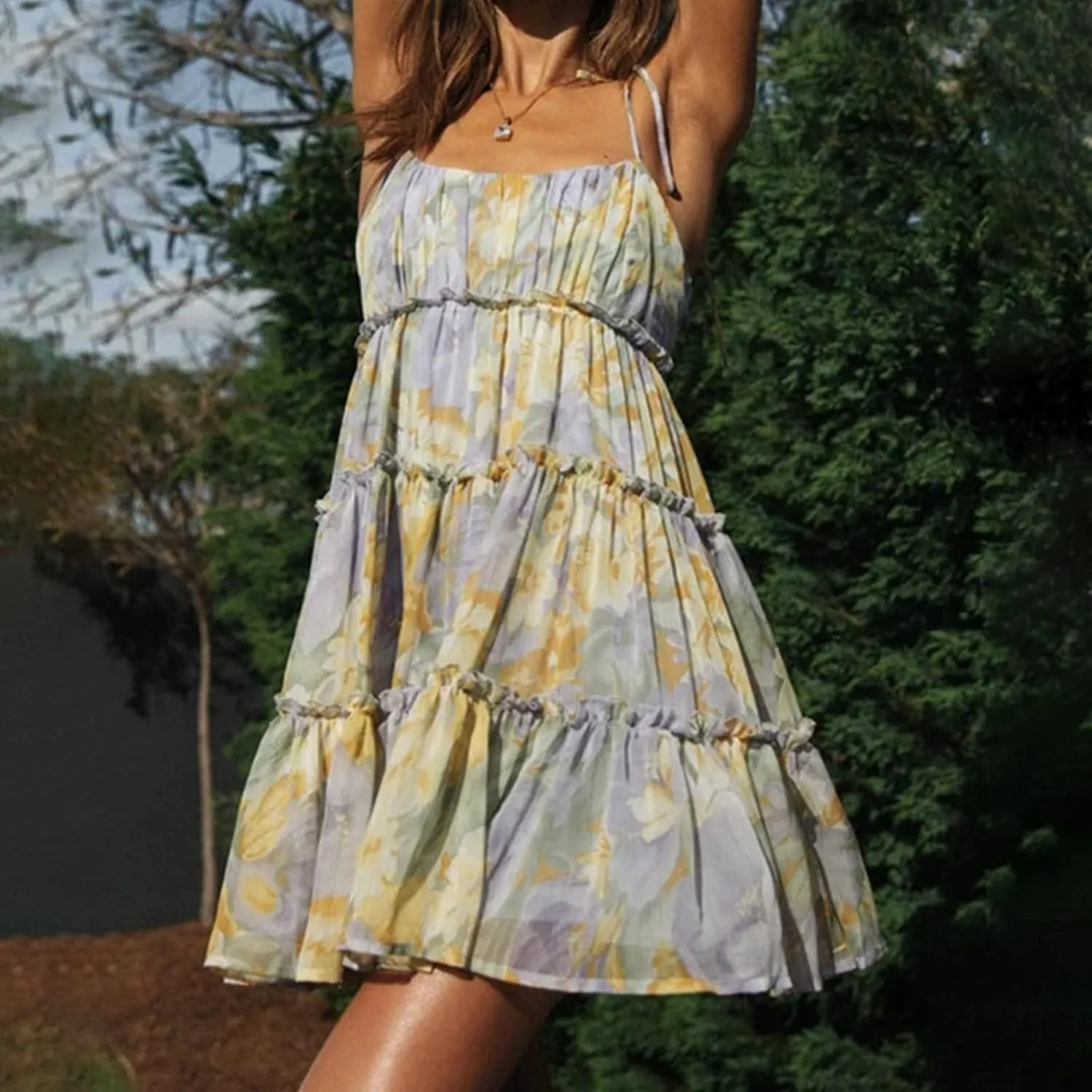 Womens 2024 Summer Floral Mini Dress Boho Flowy Skater Dresses Short Sleeveless Ruffle Spaghetti Women's