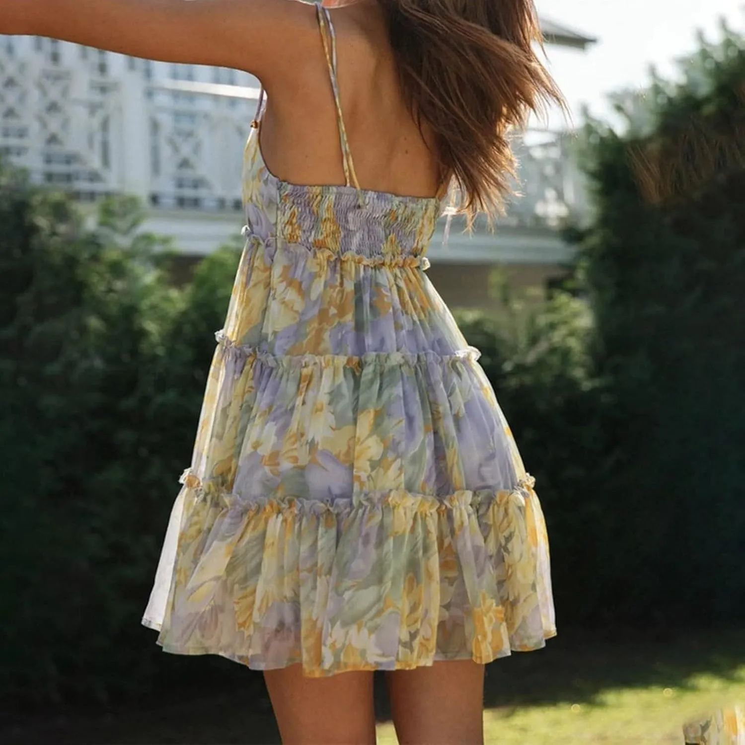 Womens 2024 Summer Floral Mini Dress Boho Flowy Skater Dresses Short Sleeveless Ruffle Spaghetti Women's