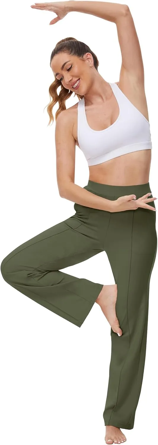 Womens 27"/29"/31" Wide Leg Pull On Loose Yoga Gym Pants, High Waist Tall, Petite, Regular Work Business Slacks