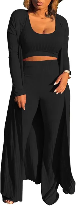 Womens 3 Piece Outfits Open Front Cardigan Cover Up Crop Tank Tops Wide Leg Palazzo Pants Loungewear Set
