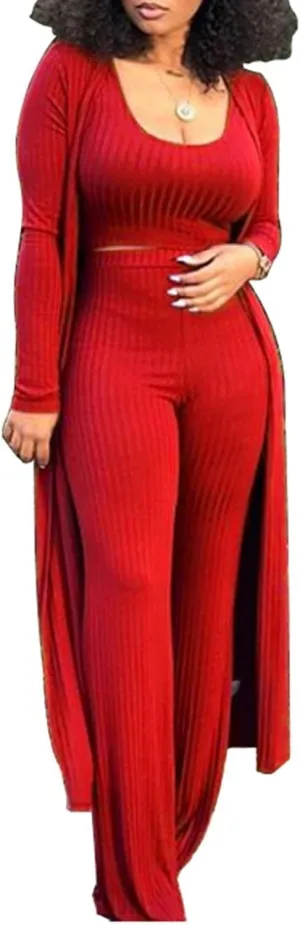 Womens 3 Piece Outfits Open Front Cardigan Cover Up Crop Tank Tops Wide Leg Palazzo Pants Loungewear Set