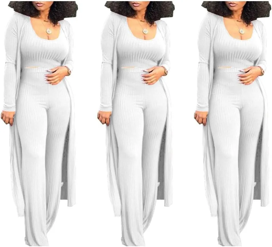 Womens 3 Piece Outfits Open Front Cardigan Cover Up Crop Tank Tops Wide Leg Palazzo Pants Loungewear Set