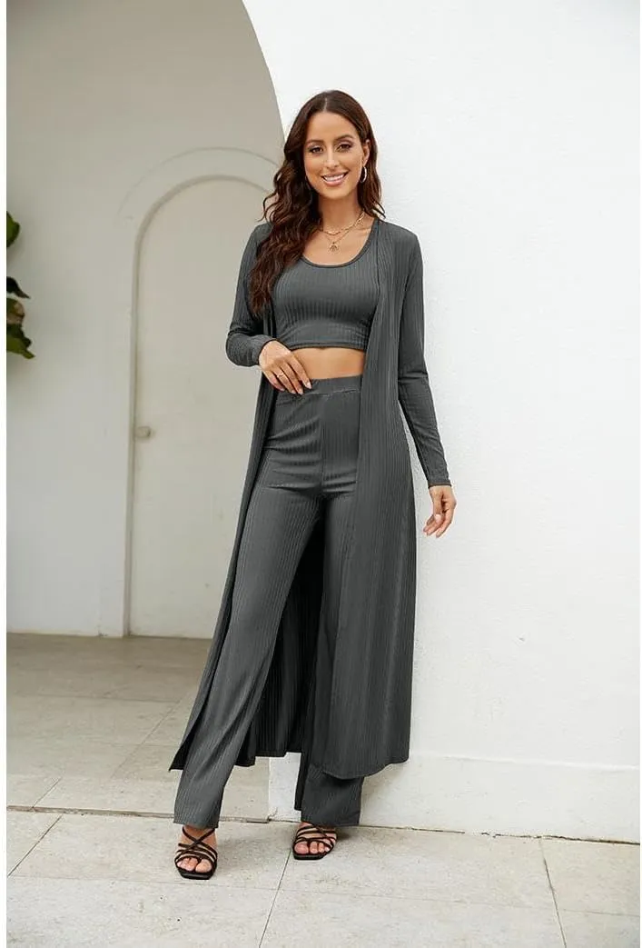 Womens 3 Piece Outfits Open Front Cardigan Cover Up Crop Tank Tops Wide Leg Palazzo Pants Loungewear Set