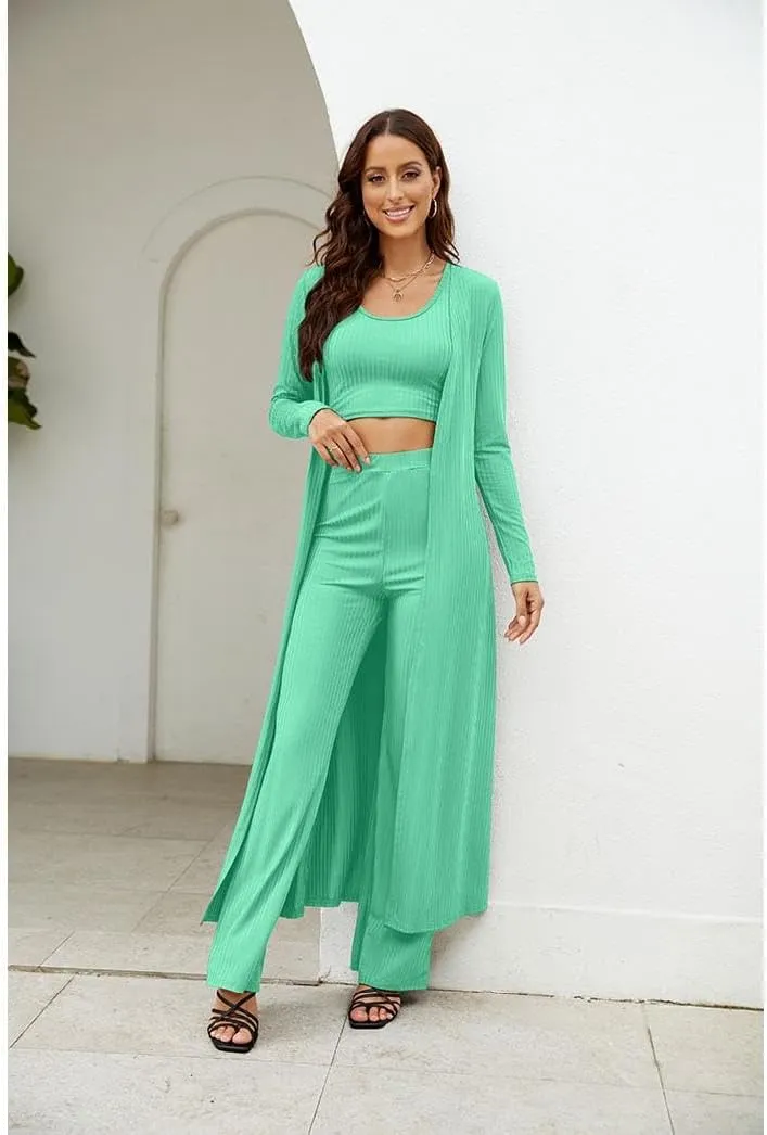 Womens 3 Piece Outfits Open Front Cardigan Cover Up Crop Tank Tops Wide Leg Palazzo Pants Loungewear Set