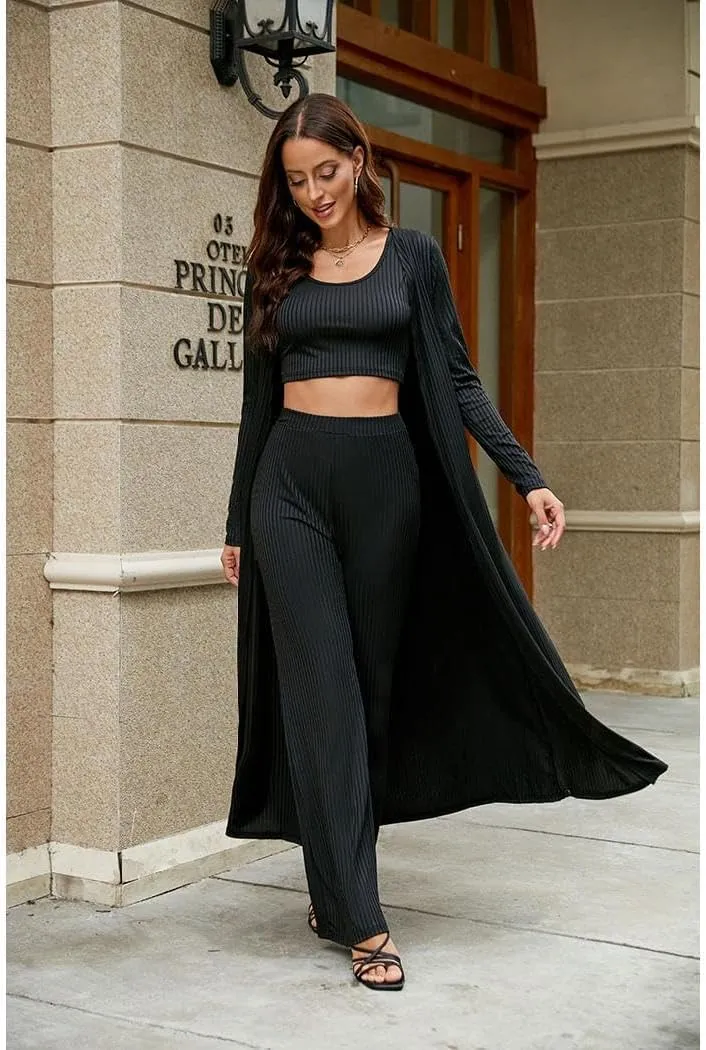 Womens 3 Piece Outfits Open Front Cardigan Cover Up Crop Tank Tops Wide Leg Palazzo Pants Loungewear Set