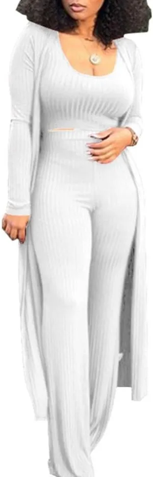 Womens 3 Piece Outfits Open Front Cardigan Cover Up Crop Tank Tops Wide Leg Palazzo Pants Loungewear Set