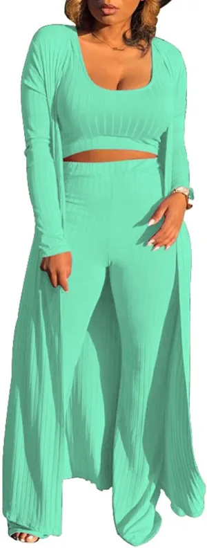 Womens 3 Piece Outfits Open Front Cardigan Cover Up Crop Tank Tops Wide Leg Palazzo Pants Loungewear Set