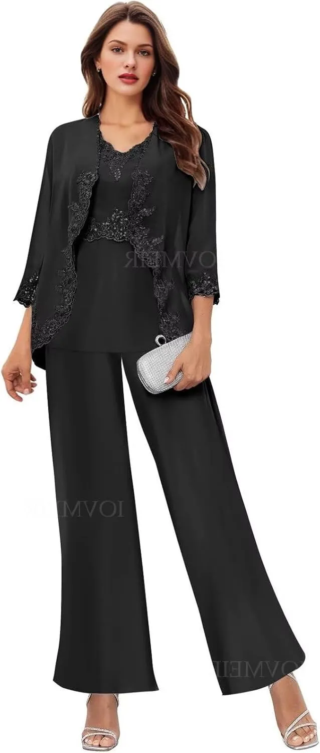 Women's 3PC Mother of The Bride Pants Suits for Wedding Elegant Wedding Pantsuits Formal Outfit Sets
