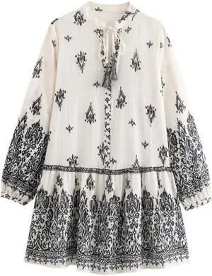 Women's Bohemian Dress Summer Floral Print Pleated Long Sleeve Mini Dresses Casual Button Down V Neck Beach Dress