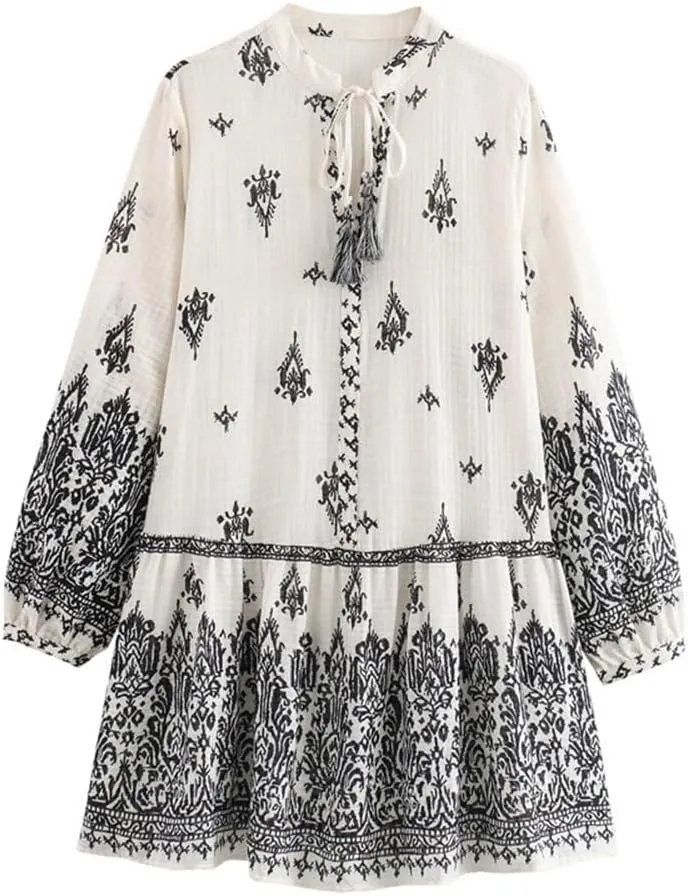 Women's Bohemian Dress Summer Floral Print Pleated Long Sleeve Mini Dresses Casual Button Down V Neck Beach Dress