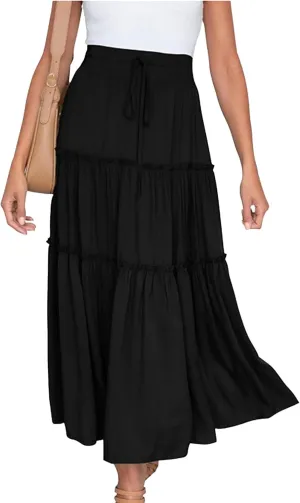 Women's Boho Elastic High Waist Skirt Dress A Line Ruffle Swing Beach Maxi Skirt Casual Drawstring Elegant Long Skirts