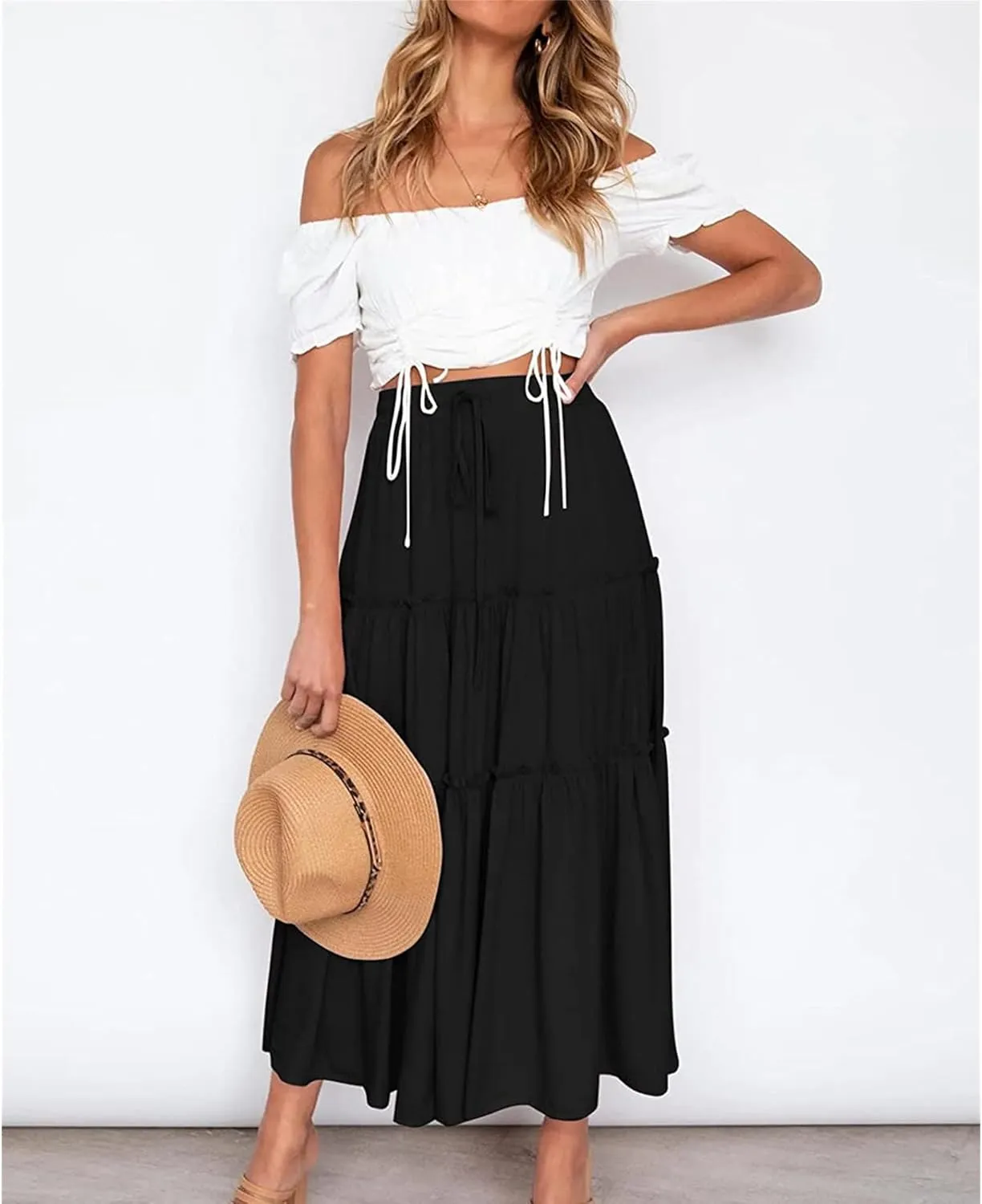Women's Boho Elastic High Waist Skirt Dress A Line Ruffle Swing Beach Maxi Skirt Casual Drawstring Elegant Long Skirts