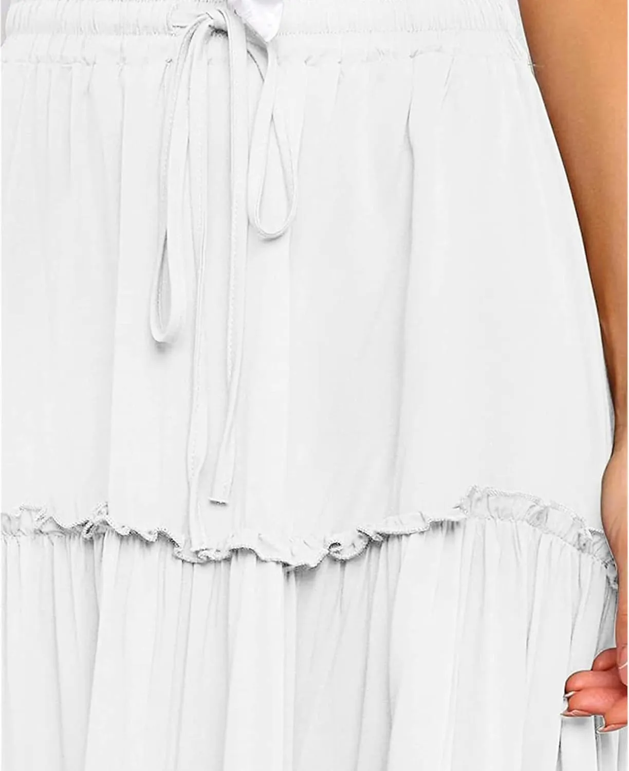 Women's Boho Elastic High Waist Skirt Dress A Line Ruffle Swing Beach Maxi Skirt Casual Drawstring Elegant Long Skirts