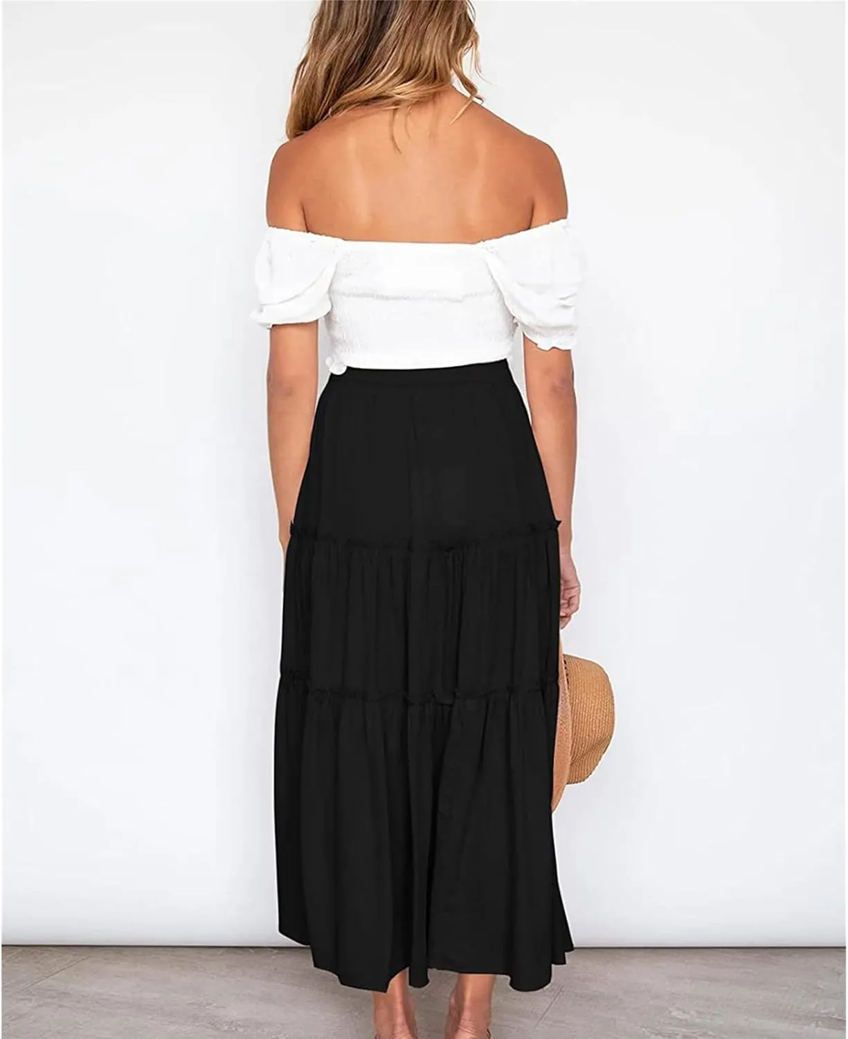 Women's Boho Elastic High Waist Skirt Dress A Line Ruffle Swing Beach Maxi Skirt Casual Drawstring Elegant Long Skirts