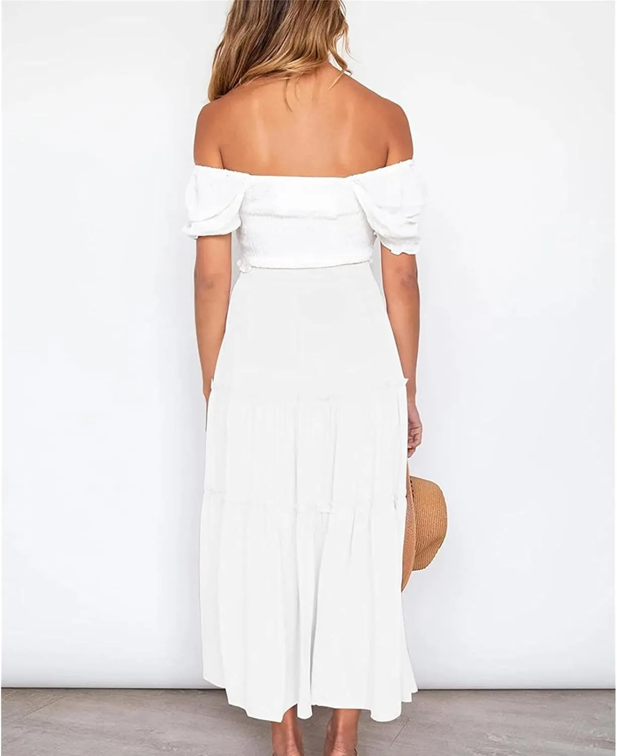Women's Boho Elastic High Waist Skirt Dress A Line Ruffle Swing Beach Maxi Skirt Casual Drawstring Elegant Long Skirts