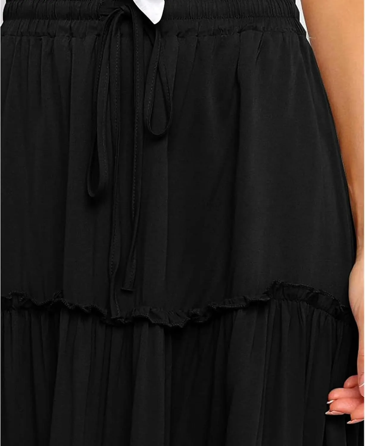 Women's Boho Elastic High Waist Skirt Dress A Line Ruffle Swing Beach Maxi Skirt Casual Drawstring Elegant Long Skirts