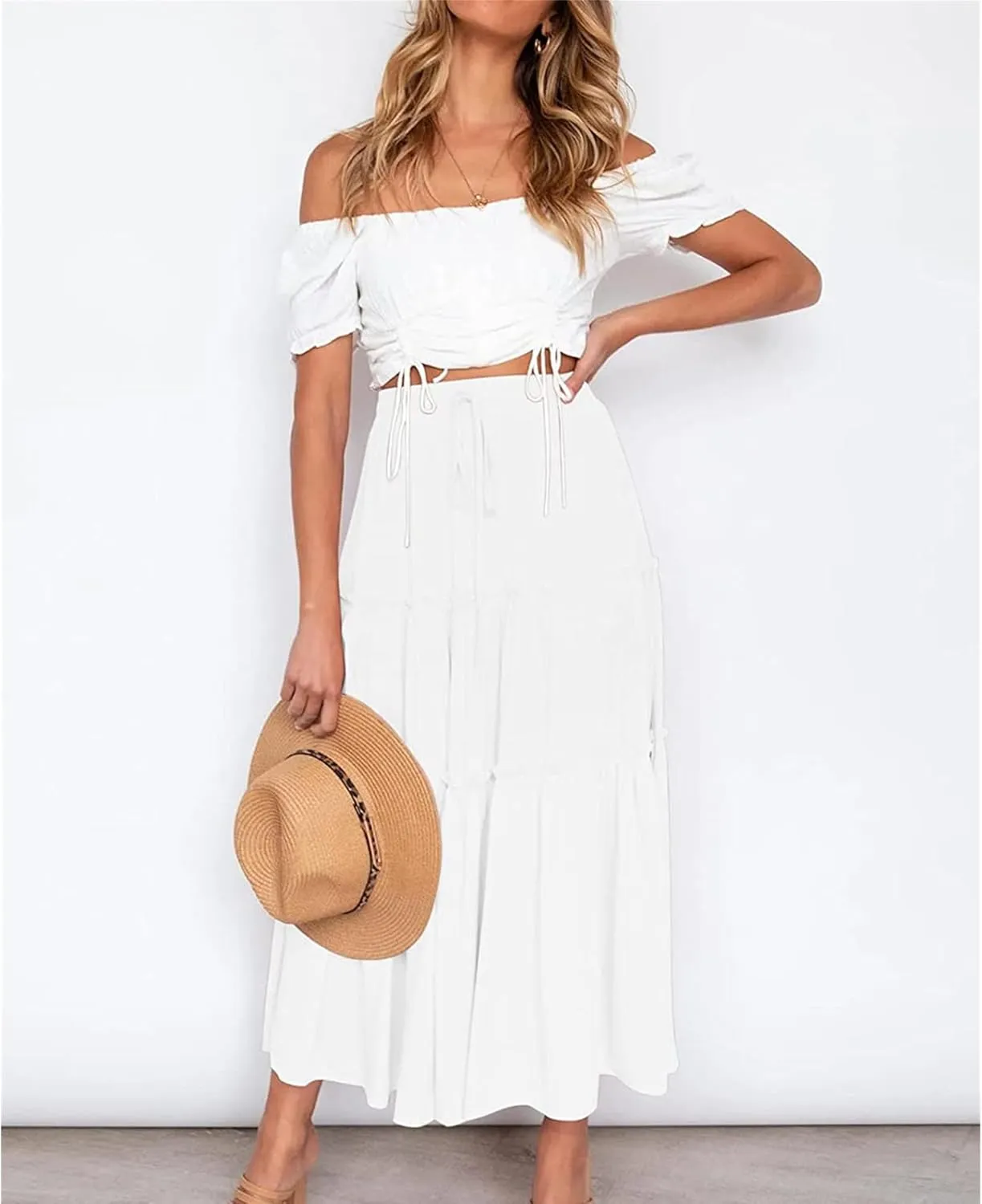 Women's Boho Elastic High Waist Skirt Dress A Line Ruffle Swing Beach Maxi Skirt Casual Drawstring Elegant Long Skirts